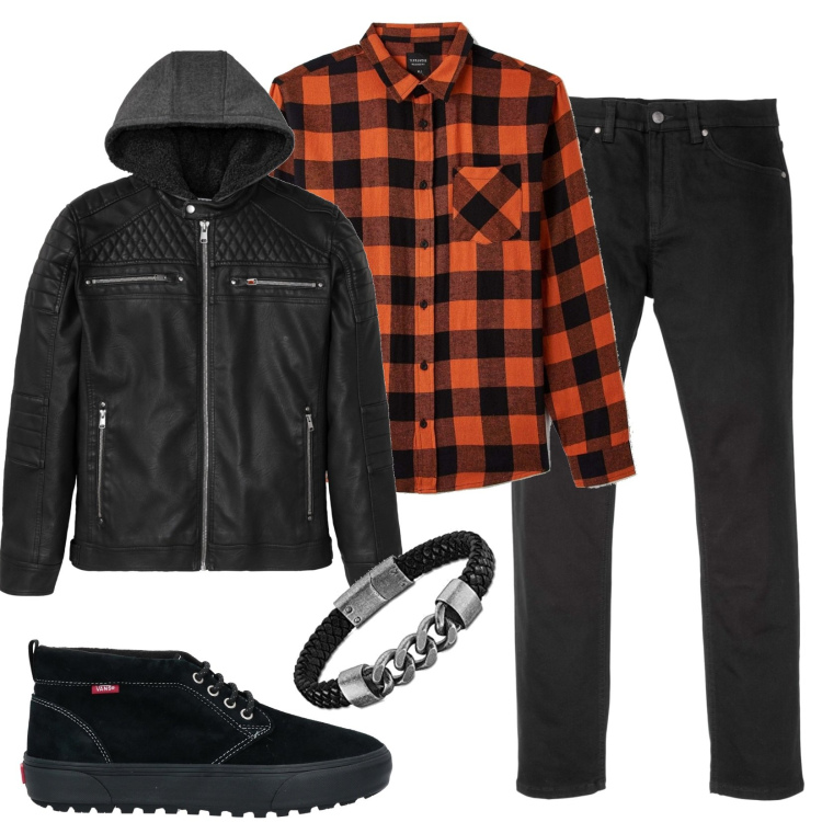Outfit uomo - Total look #1550215. Stile Biker Rock per Serata speciale. Abbinamento con jeans slim fit, giacche, sneakers, camicie, braccialetti.