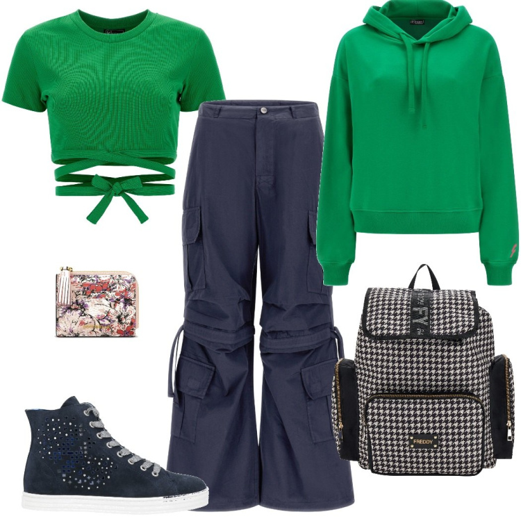Outfit donna - Verde menta per marzo. Stile Sporty chic per Tutti i giorni. Abbinamento con sneakers alte, portafogli, pantaloni cargo, zaini, felpe con cappuccio, top.