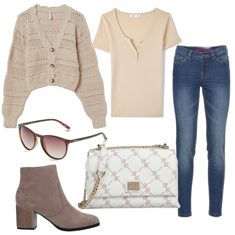 Outfit donna - Delicata primavera. Stile Casual chic per Tutti i giorni. Abbinamento con jeans skinny, borse a tracolla, stivaletti, t-shirt, cardigans, occhiali da sole.