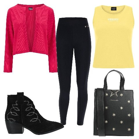 Outfit donna - Speciale Festa della Donna Freddy. Stile Casual chic per Serata fuori. Abbinamento con stivaletti, borse a mano, leggings, blazer, top.