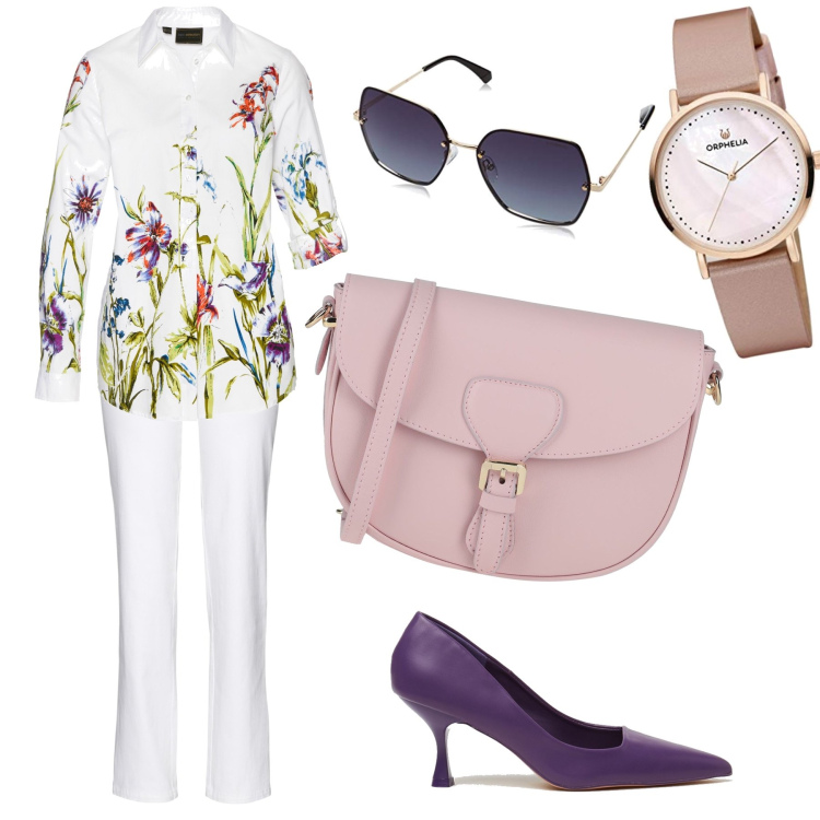 Outfit donna - Outfit- primaverile. Stile Casual chic per Tutti i giorni. Abbinamento con pantaloni, camicie, borse a tracolla, décolleté, occhiali da sole, orologi analogici.
