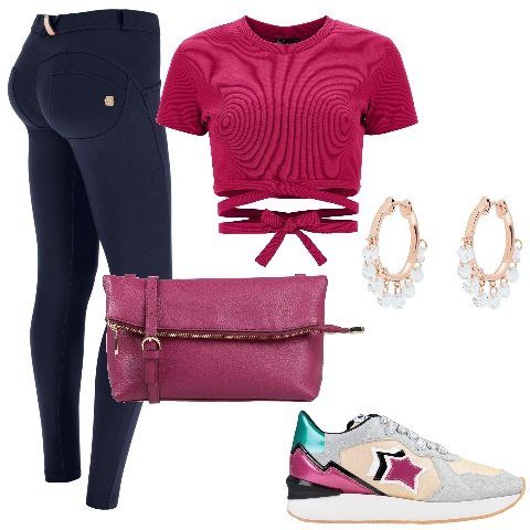 Outfit donna - Freddy - Speciale Festa della Donna. Stile Sporty chic per Serata fuori. Abbinamento con sneakers, borse a tracolla, orecchini, pantaloni skinny, top.