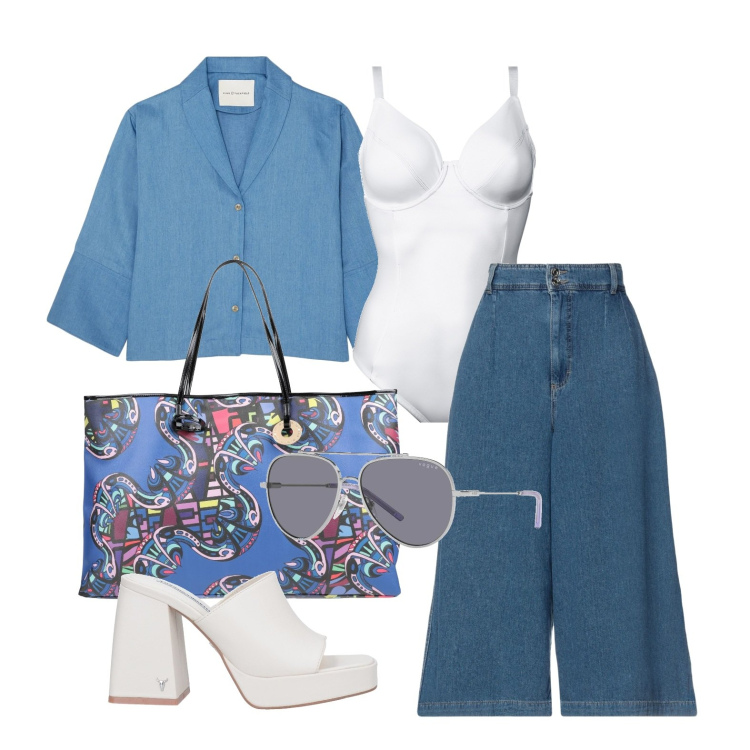 Outfit donna - Ghost outfitter - in centro. Stile Casual chic per Tutti i giorni. Abbinamento con body, borse a spalla, occhiali da sole, sandali col tacco, camicie, jeans.