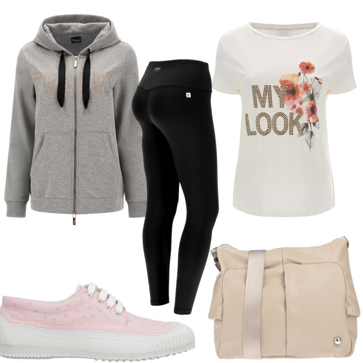 Outfit donna - Total look #1550399. Stile Basic per Sport. Abbinamento con sneakers, borse a tracolla, leggings sportivo, t-shirt, felpe con cappuccio.