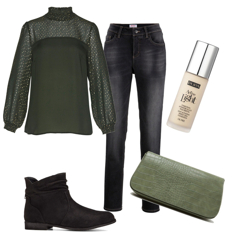 Outfit donna - Birretta?. Stile Casual chic per Serata fuori. Abbinamento con stivaletti, tuniche, jeans boyfriend, borse a spalla, fondotinta.