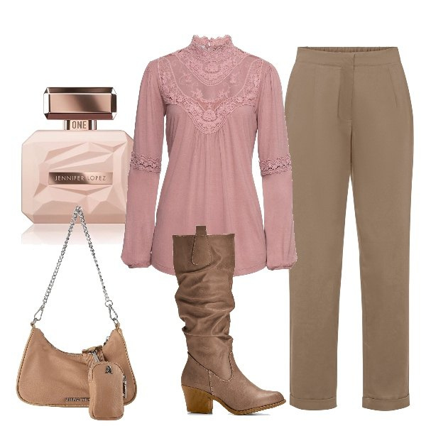 Outfit donna - Come J Lo. Stile Romantica per Ufficio. Abbinamento con stivali, maglieria, pantaloni, borse a spalla, profumi.
