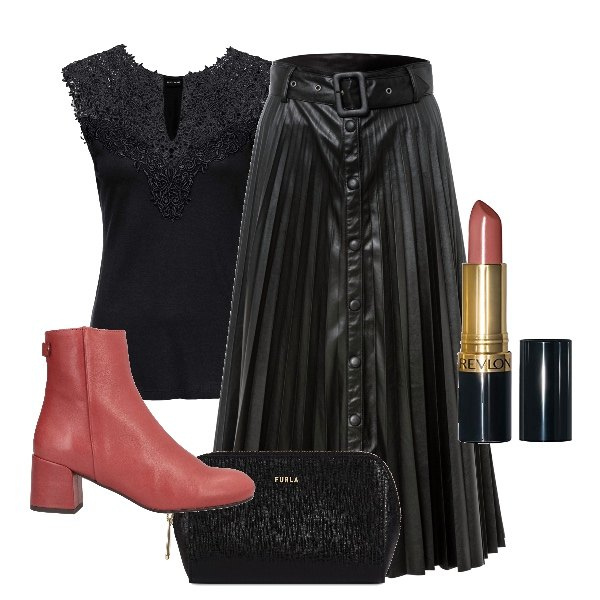 Outfit donna - Pelle e pizzo. Stile Sexy per Serata fuori. Abbinamento con top, gonne, stivaletti, pochette, rossetti.