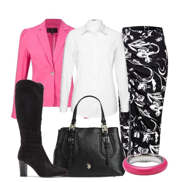 Outfit donna - Sprazzi di colore. Stile Sexy per Serata fuori. Abbinamento con camicie, gonne, blazer, stivali, borse a mano, anelli.