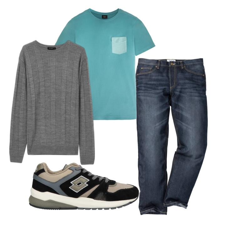 Outfit uomo - In giro. Stile Casual per Tutti i giorni. Abbinamento con jeans dritti, t-shirt, sneakers, pullovers.