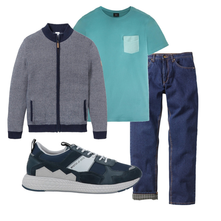 Outfit uomo - In giro. Stile Casual per Tutti i giorni. Abbinamento con cardigans, jeans dritti, t-shirt, sneakers.