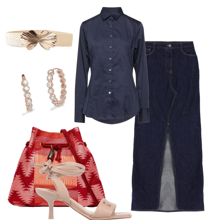 Outfit donna - La gonna longuette in jeans. Stile Glamour per Tutti i giorni. Abbinamento con cinture, camicie, borse a tracolla, sandali col tacco, orecchini, gonne lunghe.