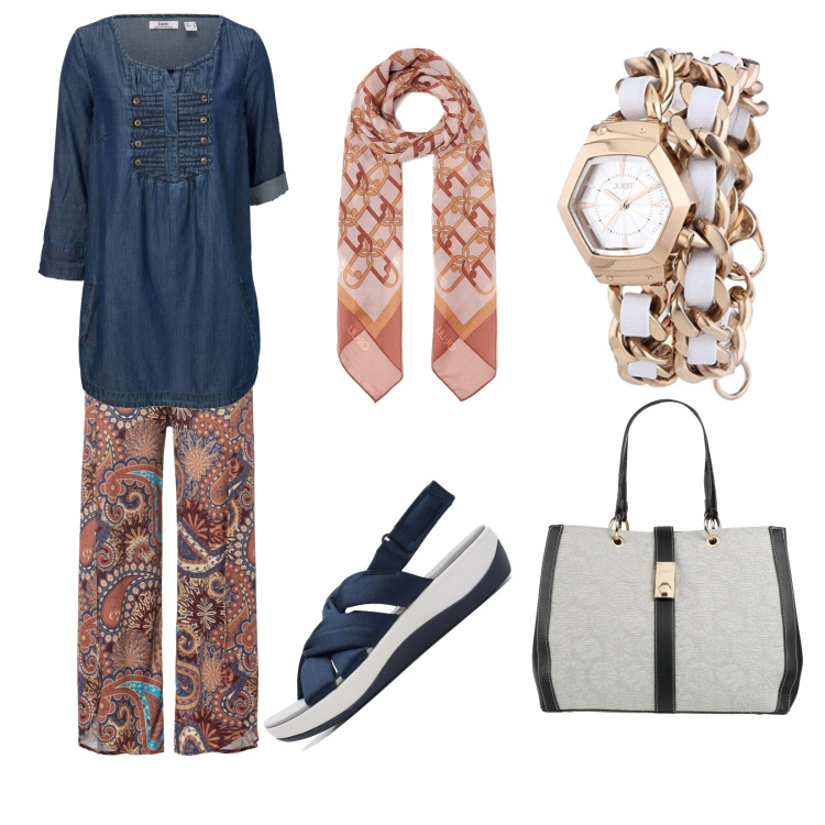 Outfit donna - Mood elegante. Stile Bon Ton per Tutti i giorni. Abbinamento con bluse, pantaloni, borse a mano, foulard, sandali, orologi.