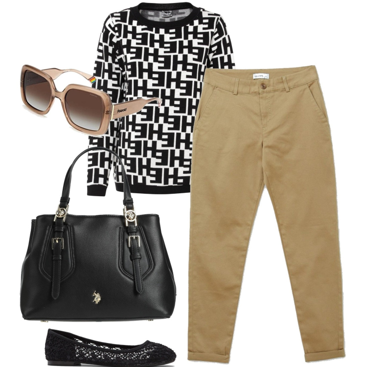 Outfit donna - Total look #1550585. Stile Minimal per Tutti i giorni. Abbinamento con ballerine, maglieria, borse a mano, pantaloni, occhiali da sole.