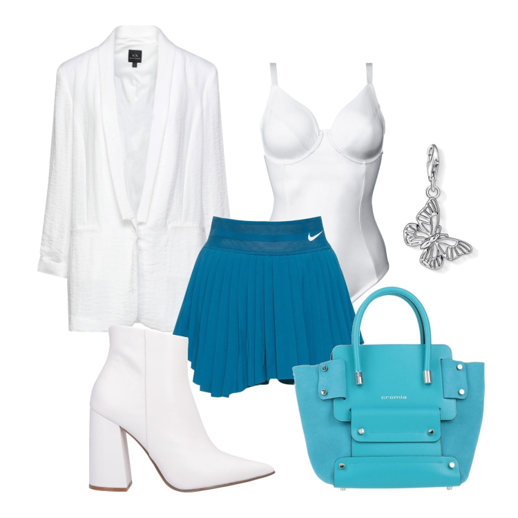 Outfit donna - Ghost outfitter - in centro. Stile Trendy per Tutti i giorni. Abbinamento con body, blazer, borse a mano, stivaletti, gonne, ciondoli.