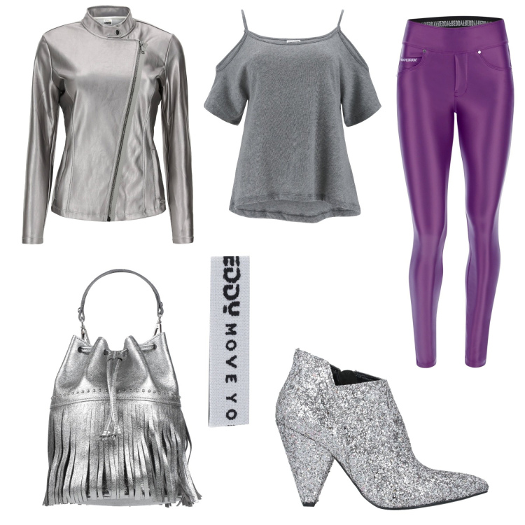Outfit donna - Aperitivo sporty glam. Stile Sporty chic per Serata fuori. Abbinamento con stivaletti, borse a mano, braccialetti, t-shirt, pantaloni skinny, giacche.