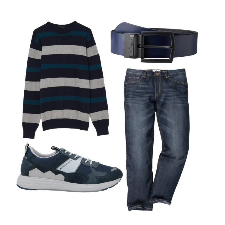 Outfit uomo - In giro. Stile Casual per Tutti i giorni. Abbinamento con jeans dritti, sneakers, pullovers, cinture.