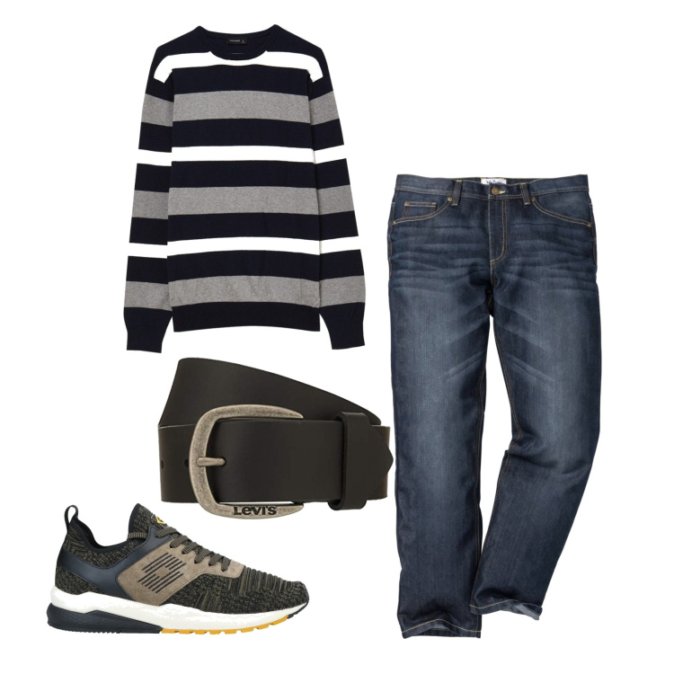 Outfit uomo - In giro. Stile Casual per Tutti i giorni. Abbinamento con jeans dritti, sneakers, pullovers, cinture.