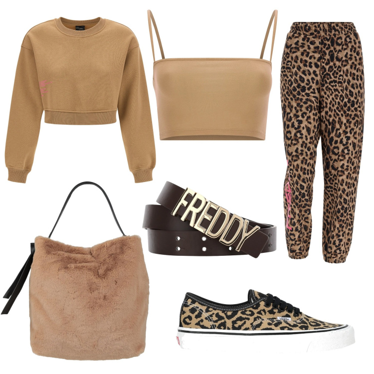 Outfit donna - Animalier sporty. Stile Sporty chic per Tutti i giorni. Abbinamento con borse a mano, sneakers, pantaloni, cinture, felpe, top.