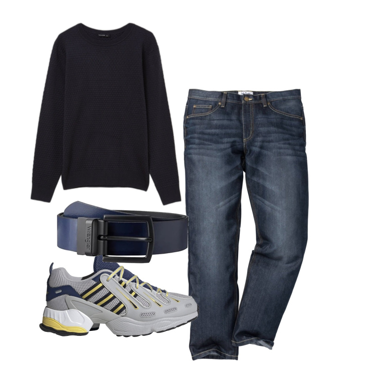 Outfit uomo - In giro. Stile Casual per Tutti i giorni. Abbinamento con jeans dritti, sneakers, pullovers, cinture.