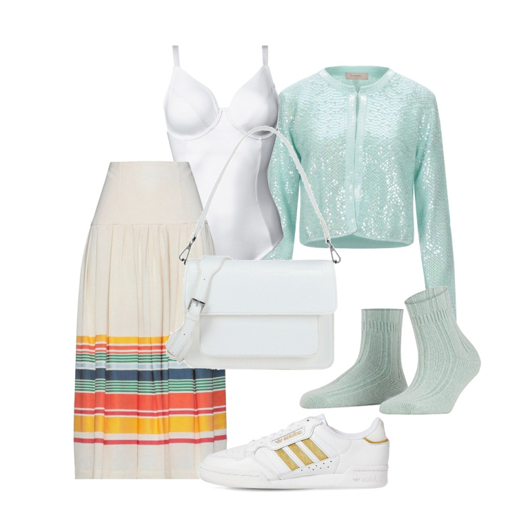 Outfit donna - Ghost outfitter - in centro. Stile Trendy per Tutti i giorni. Abbinamento con body, gonne lunghe, cardigans, borse a mano, sneakers, calzini.
