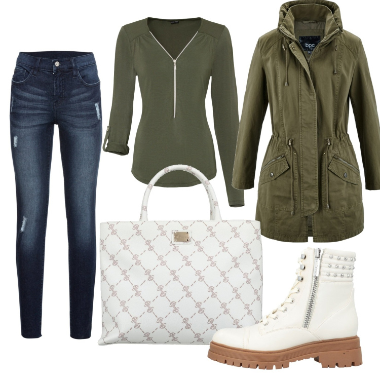 Outfit donna - Stile e comodità. Stile Casual per Tutti i giorni. Abbinamento con parka, jeans strappati, maglieria, stivaletti, borse a mano.