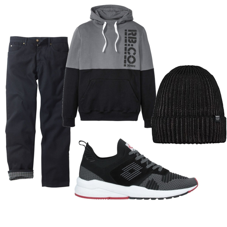 Outfit uomo - Casual #5507. Stile Casual per Tutti i giorni. Abbinamento con felpe con cappuccio, jeans dritti, sneakers, berretti.