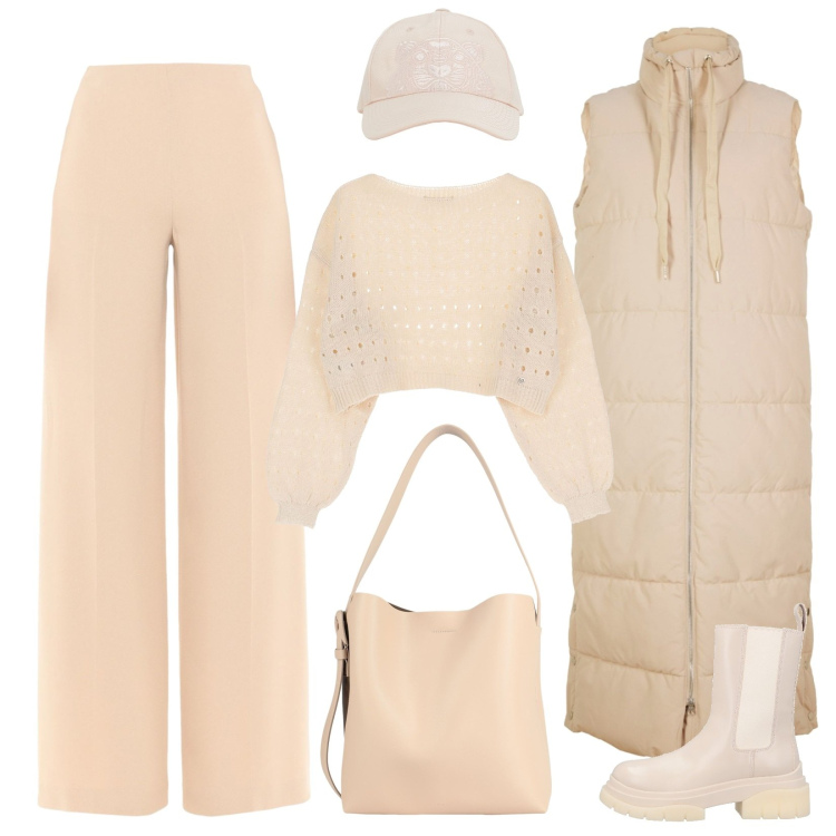 Outfit donna - Sportiva in beige con il cappellino. Stile Sporty chic per Tutti i giorni. Abbinamento con gilet, pantaloni, stivaletti, borse a spalla, maglieria, cappelli.