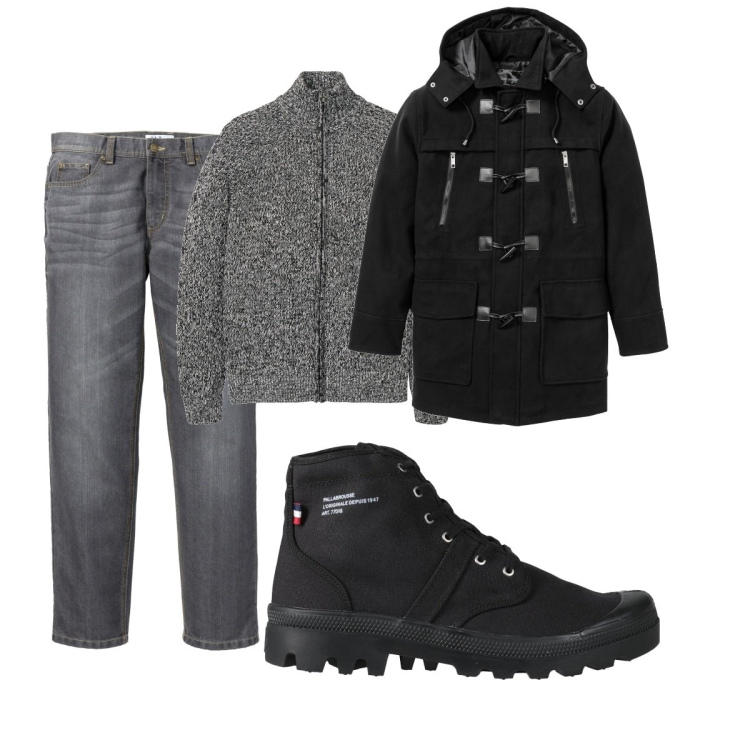 Outfit uomo - Urban #3437. Stile Urban per Tutti i giorni. Abbinamento con jeans dritti, montgomery, cardigans, stivali e stivaletti.