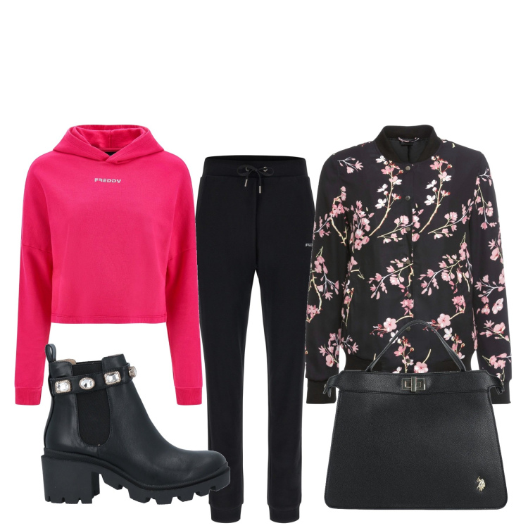 Outfit donna - Total look #1551444. Stile Basic per Tutti i giorni. Abbinamento con bomber, borse a mano, stivaletti, felpe con cappuccio, pantaloni.