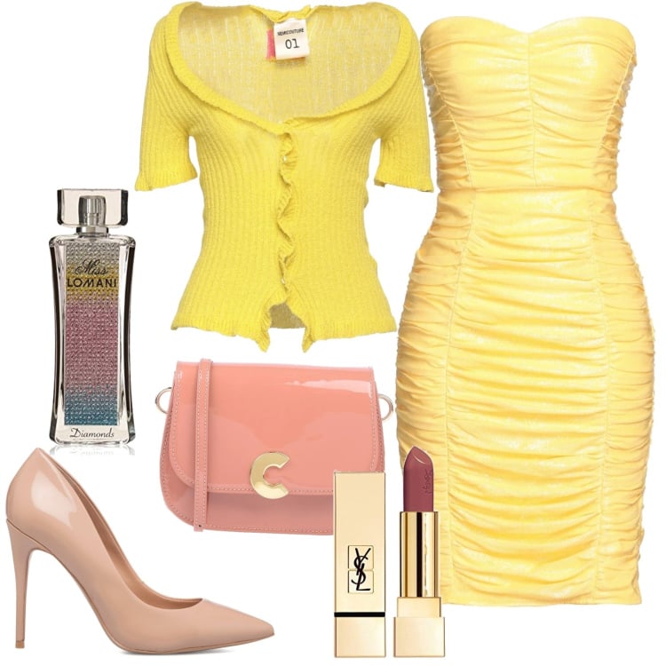 Outfit donna - Total look #1551617. Stile Sexy per Tutti i giorni. Abbinamento con cardigans, vestiti corti, borse a tracolla, décolleté, profumi, rossetti.