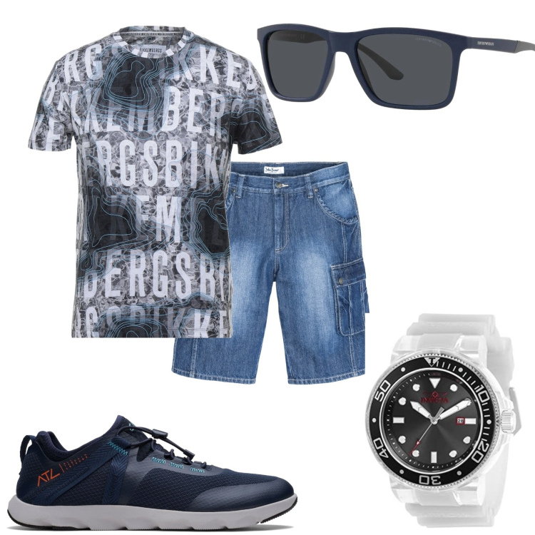Outfit uomo - Giovane e libero. Stile Urban per Tutti i giorni. Abbinamento con bermuda, t-shirt, occhiali da sole, sneakers, orologi analogici.
