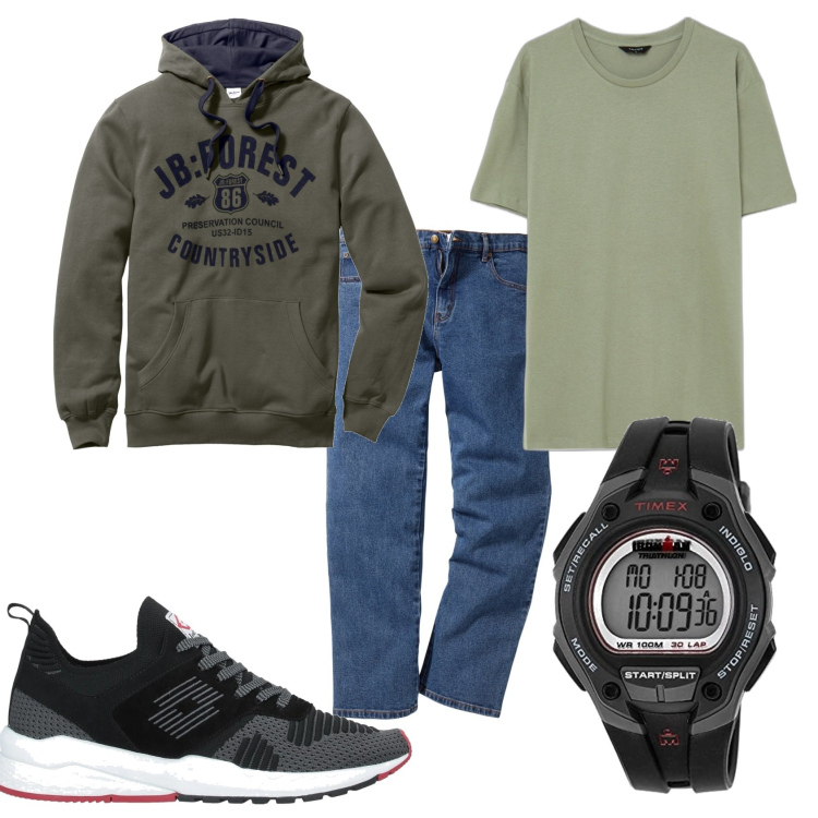 Outfit uomo - Jeans e felpa. Stile Urban per Tutti i giorni. Abbinamento con jeans dritti, felpe con cappuccio, sneakers, t-shirt, orologi digitali.