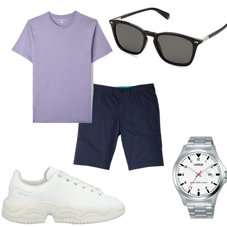 Outfit uomo - Bermuda a pranzo al mare. Stile Urban per Mare. Abbinamento con bermuda, sneakers, t-shirt, occhiali da sole, orologi analogici.