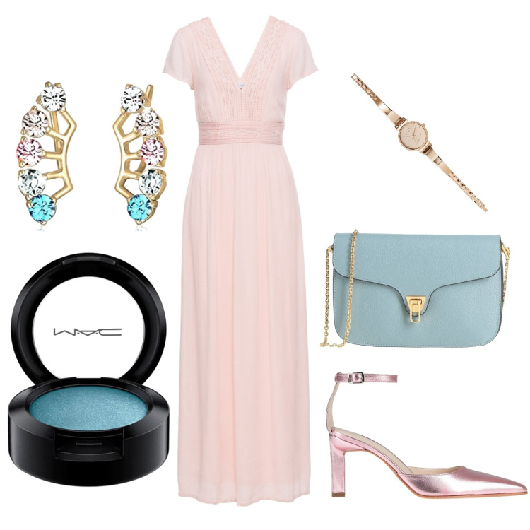 Outfit donna - Eleganza rosa. Stile Romantica per Cerimonia. Abbinamento con vestiti lunghi, décolleté, borse a tracolla, orologi, orecchini, ombretti.