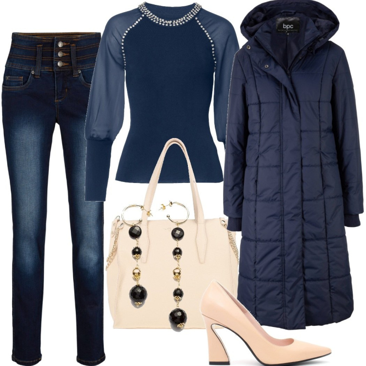 Outfit donna - Sopra la 50. Stile Casual per Tutti i giorni. Abbinamento con jeans slim fit, blazer, maglieria, borse a mano, orecchini, scarpe col tacco.