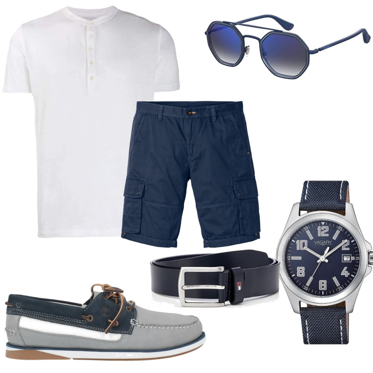 Outfit uomo - Bermuda e maglietta al mare. Stile Trendy per Tutti i giorni. Abbinamento con bermuda, scarpe stringate, orologi, t-shirt, cinture, occhiali da sole.