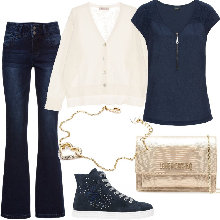 Outfit donna - Sopra la 50. Stile Casual chic per Tutti i giorni. Abbinamento con jeans bootcut, t-shirt, sneakers alte, borse a tracolla, cardigans, braccialetti.
