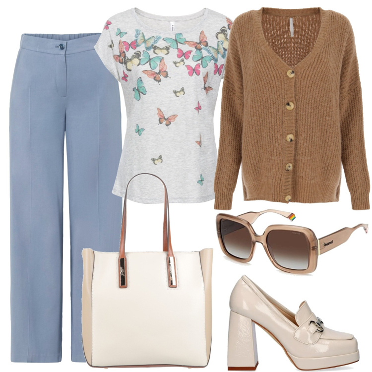 Outfit donna - Una domenica di primavera. Stile Casual chic per Tutti i giorni. Abbinamento con borse a mano, maglieria, pantaloni a palazzo, cardigans, mocassini, occhiali da sole.