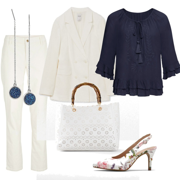 Outfit donna - Gale fiori e trafori romantici. Stile Romantica per Ufficio. Abbinamento con maglieria, tuniche, borse a mano, décolleté, orecchini, giacche.