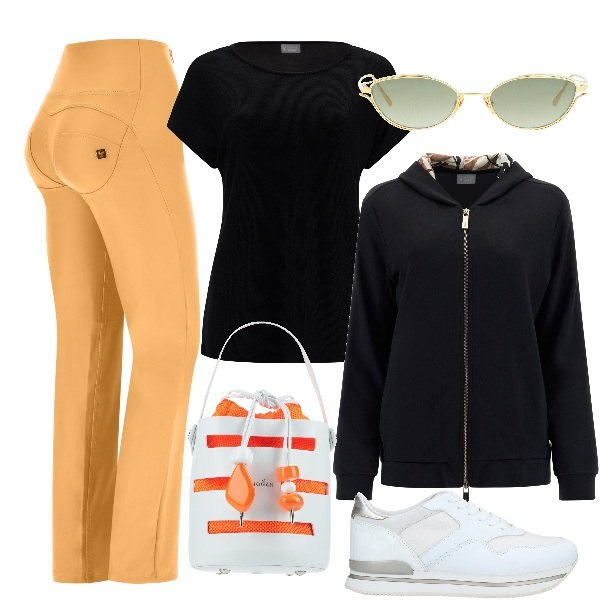 Outfit donna - Freddy - Sporty chic. Stile Sporty chic per Tutti i giorni. Abbinamento con sneakers, borse a mano, occhiali da sole, pantaloni, felpe con cappuccio, t-shirt.