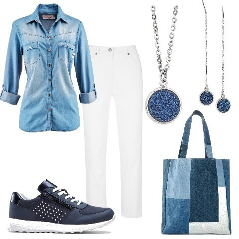 Outfit donna - Camicia jeans e pantalone bianco. Stile Trendy per Tutti i giorni. Abbinamento con camicie, pantaloni, shopping bag, sneakers, ciondoli, orecchini.