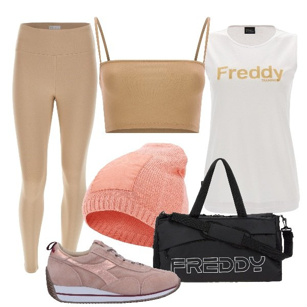 Outfit donna - Freddy - Sporty chic. Stile Sporty chic per Tutti i giorni. Abbinamento con sneakers, borse sportive, pantaloni, canottiere, cappelli con visiera, top.