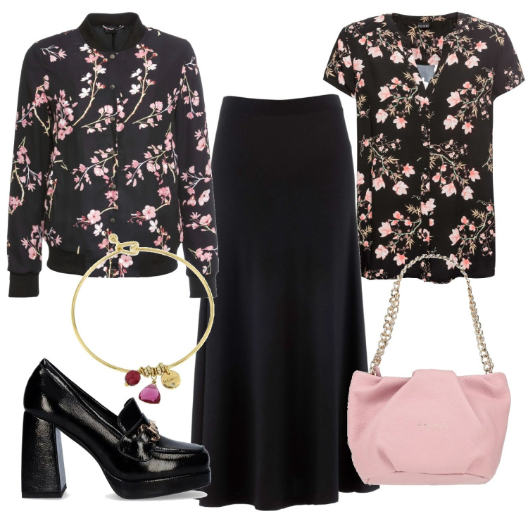 Outfit donna - Nero romantico. Stile Romantica per Serata fuori. Abbinamento con bomber, camicie a manica corta, gonne, borse a mano, mocassini, braccialetti.