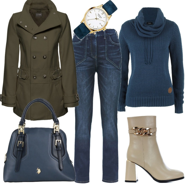 Outfit donna - Fa ancora freddo. Stile Basic per Ufficio. Abbinamento con maglieria, jeans dritti, cappotti, borse a mano, stivaletti, orologi.