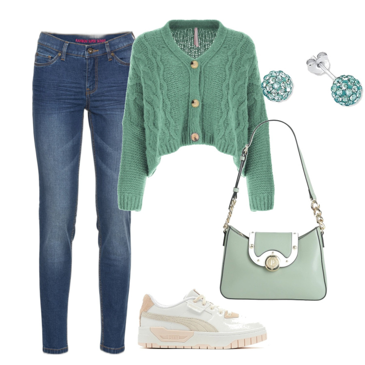 Outfit donna - In città. Stile Casual per Tutti i giorni. Abbinamento con jeans skinny, borse a mano, sneakers, cardigans, orecchini.