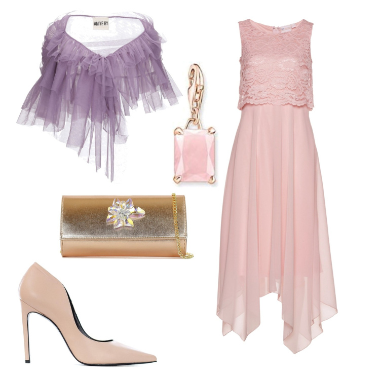Outfit donna - Romantica cerimonia in primavera. Stile Basic per Cerimonia. Abbinamento con vestiti midi/longuette, bolero, décolleté, pochette, ciondoli.