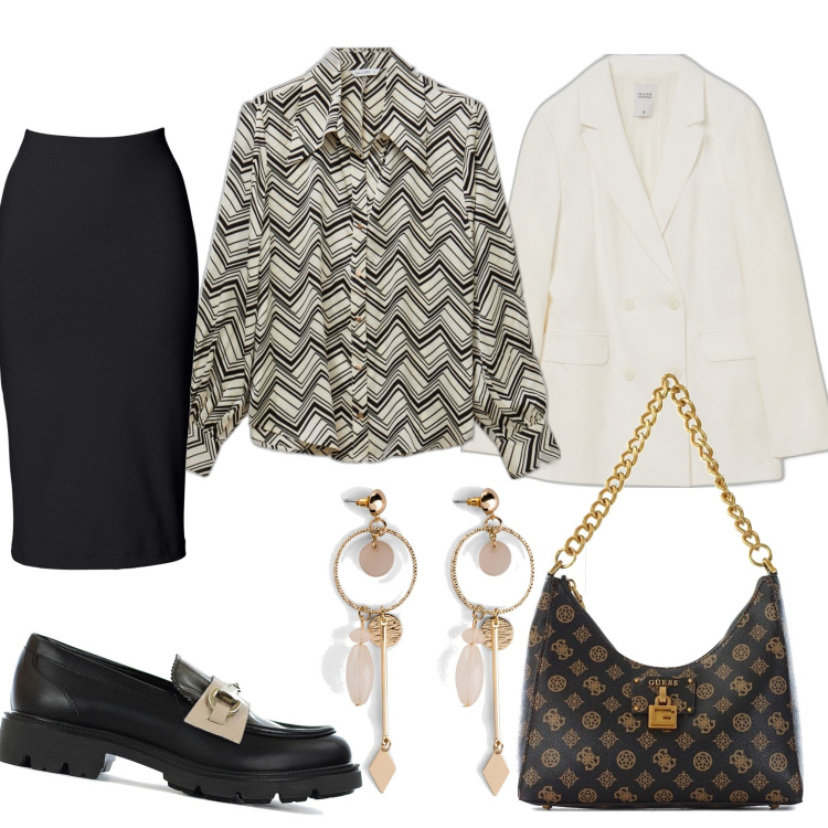 Outfit donna - Total look #1552500. Stile Bon Ton per Ufficio. Abbinamento con gonne longuette, orecchini, mocassini, borse a spalla, camicie, giacche.