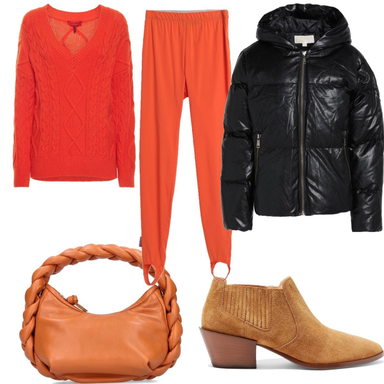 Outfit donna - Arancione e giubbino nera. Stile Casual per Tutti i giorni. Abbinamento con leggings, piumini, stivaletti, maglieria, borse a mano.