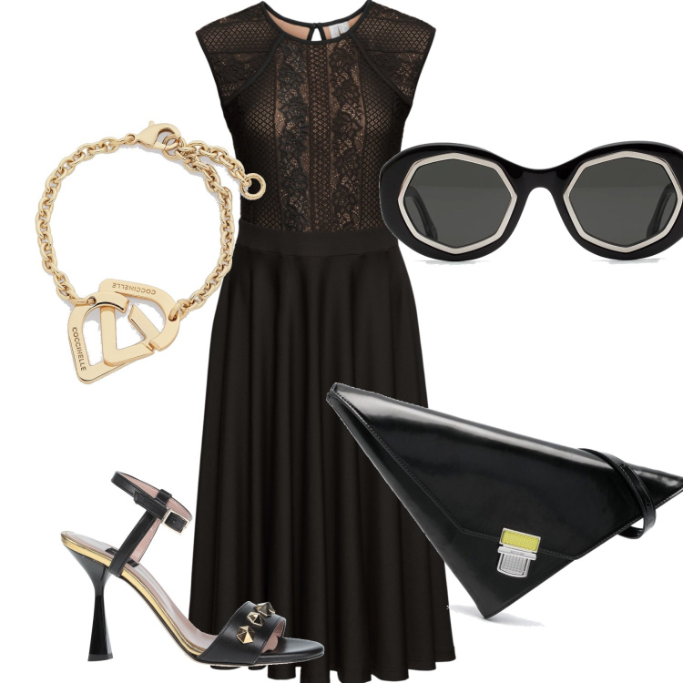 Outfit donna - Aperitivo da Tiffany. Stile Bon Ton per Serata fuori. Abbinamento con vestiti, sandali col tacco, pochette, occhiali da sole, braccialetti.