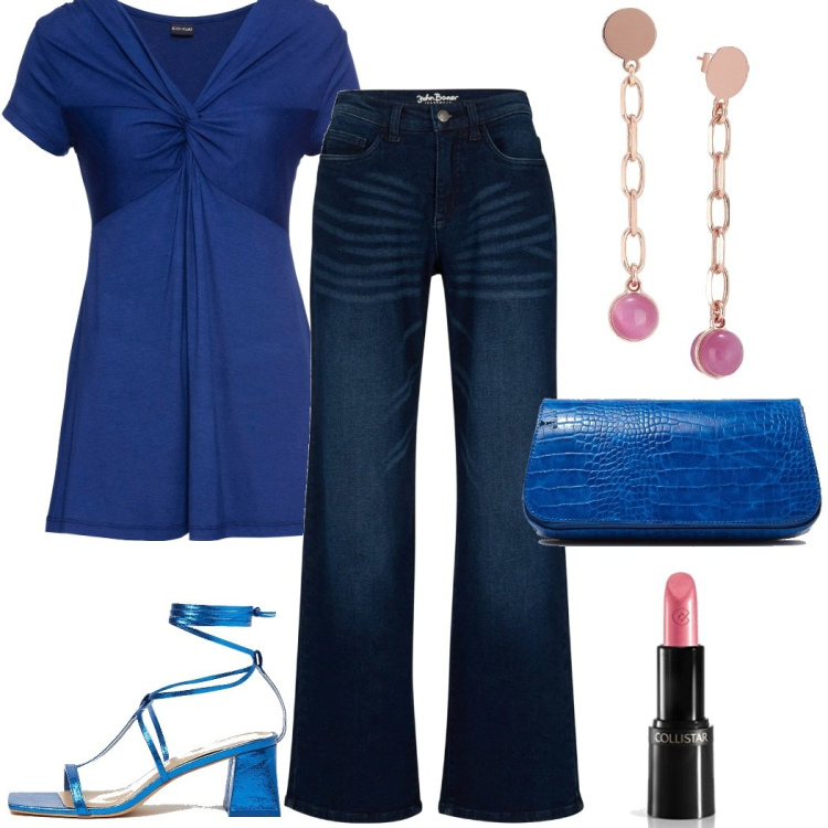 Outfit donna - Glamour di giorno. Stile Glamour per Tutti i giorni. Abbinamento con maglieria, jeans, orecchini, sandali in pelle, borse a spalla, rossetti.